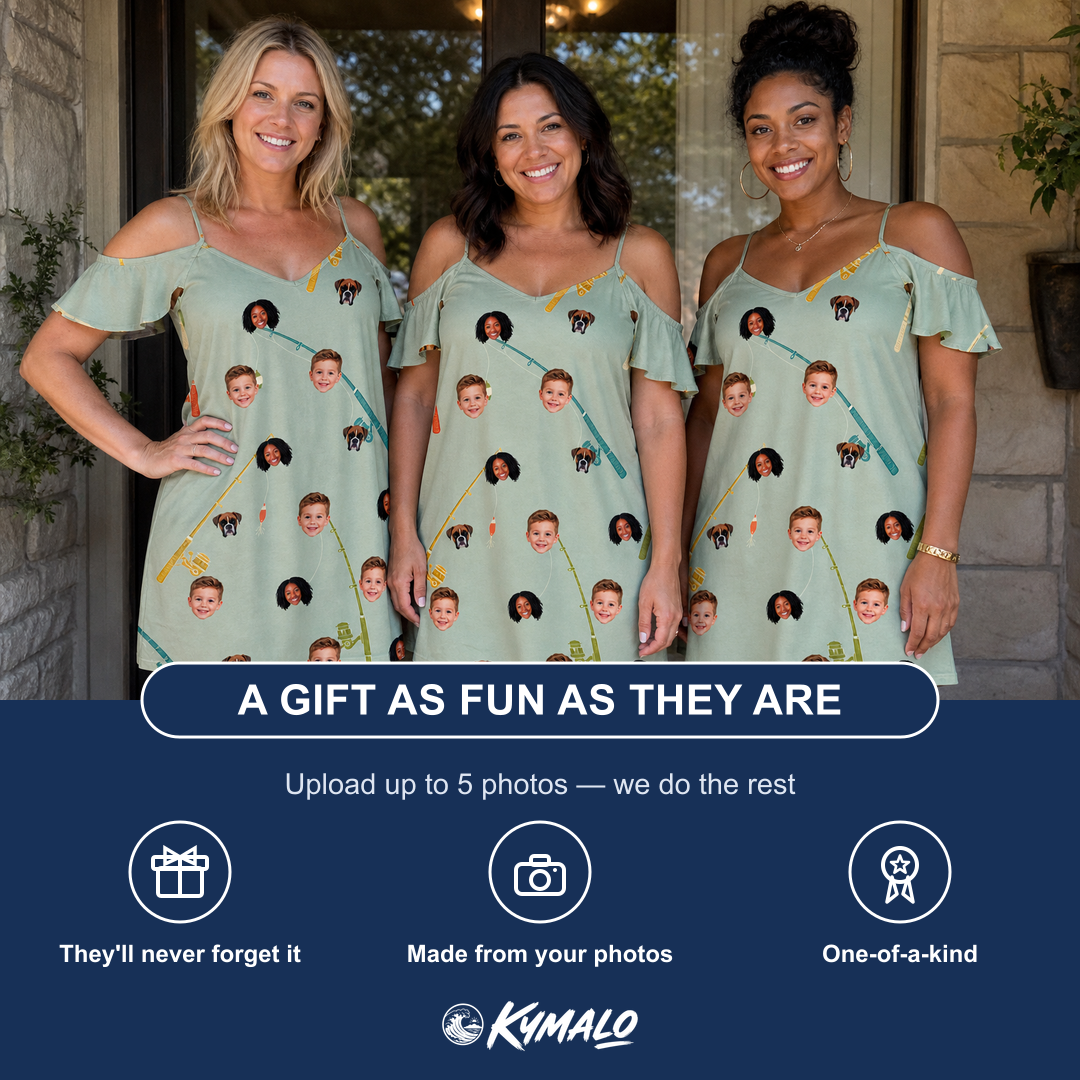 Friends in matching Women's Pole Position Custom Face Off-Shoulder Dress — a group gift photo