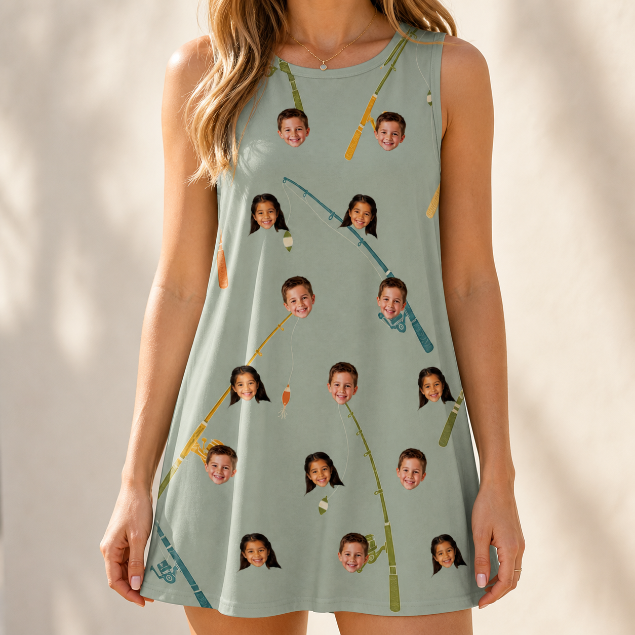 Model wearing Women's Pole Position Custom Face Tank Dress printed with kids' faces