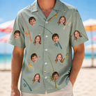 Model wearing Men's Pole Position Custom Face Hawaiian Shirt printed with kids' faces