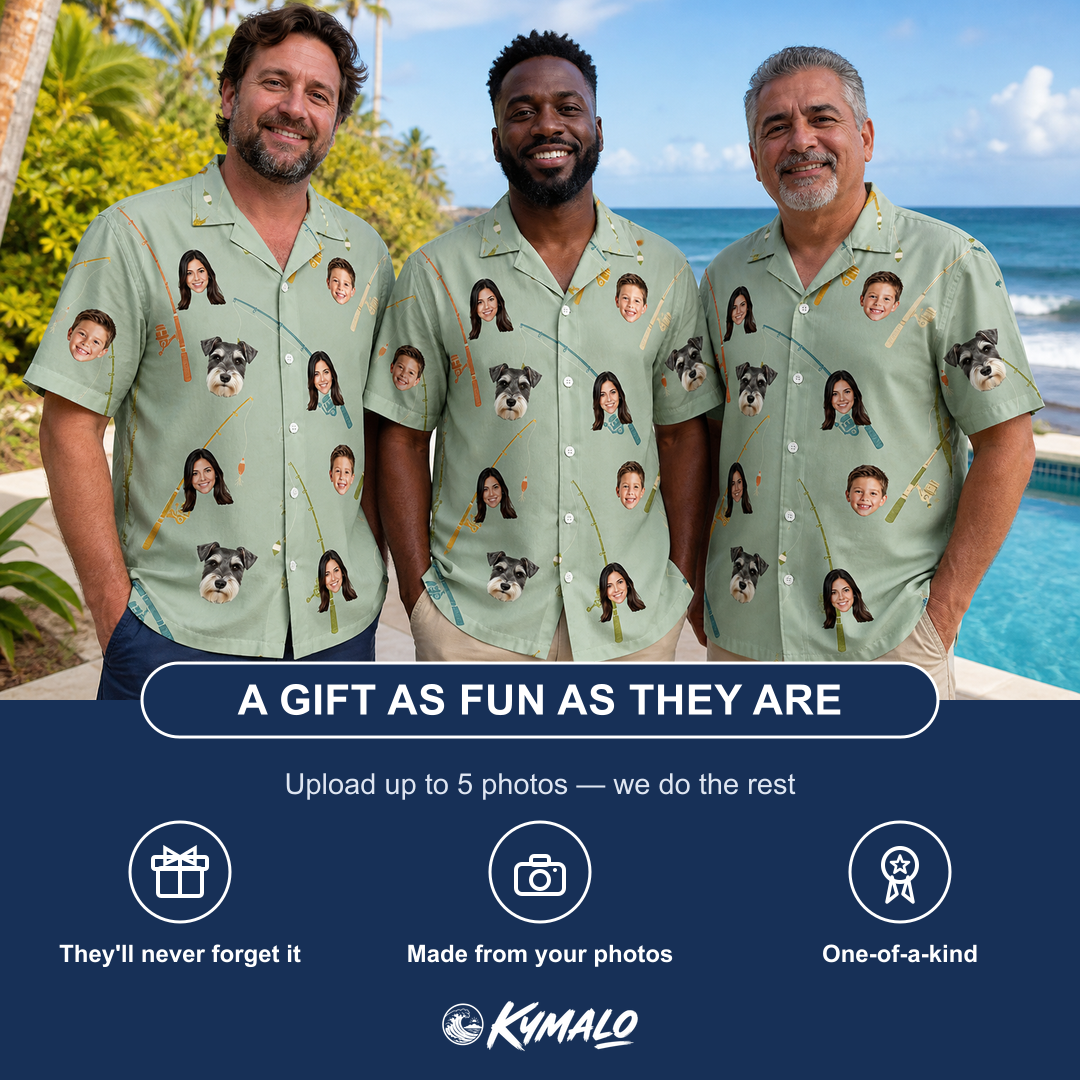 Friends in matching Men's Pole Position Custom Face Hawaiian Shirt — a group gift photo