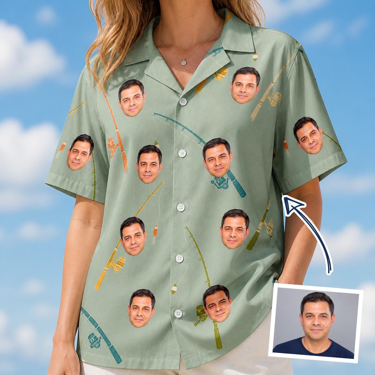 Woman wearing Women's Pole Position Custom Face Hawaiian Shirt — custom faces printed all-over