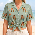 Woman wearing Women's Pole Position Custom Face Hawaiian Shirt tied at the waist