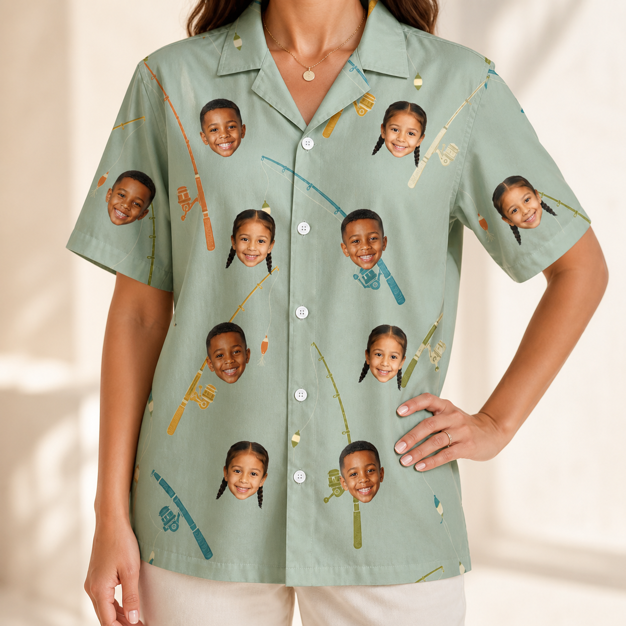 Model wearing Women's Pole Position Custom Face Hawaiian Shirt printed with kids' faces