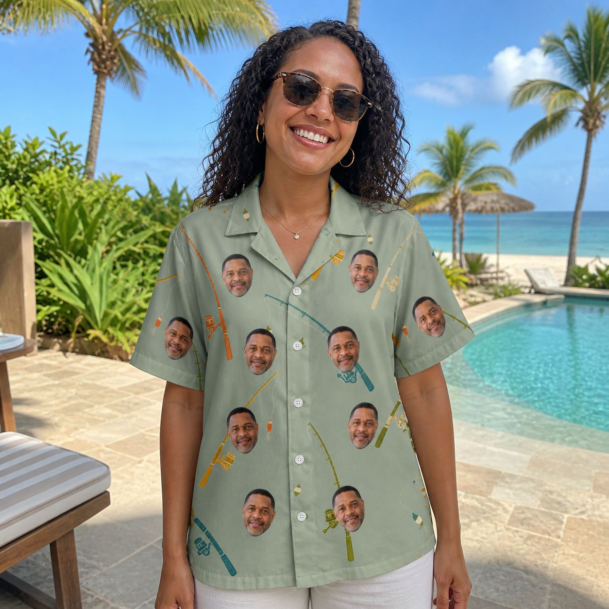 Real-life photo of someone wearing Women's Pole Position Custom Face Hawaiian Shirt — custom faces printed all-over