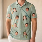 Model wearing Men's Pole Position Custom Face Polo Shirt printed with kids' faces