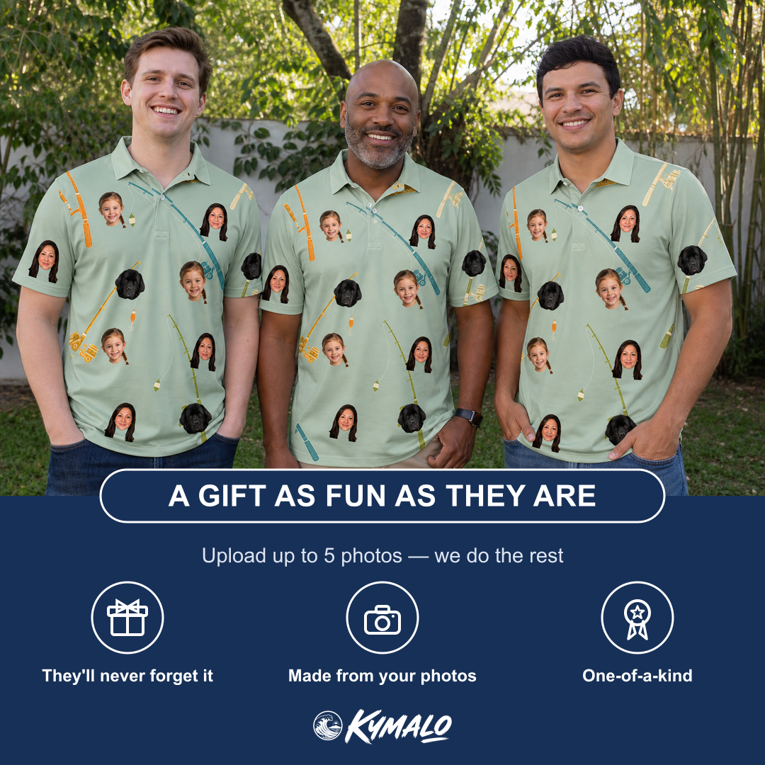 Friends in matching Men's Pole Position Custom Face Polo Shirt — a group gift photo