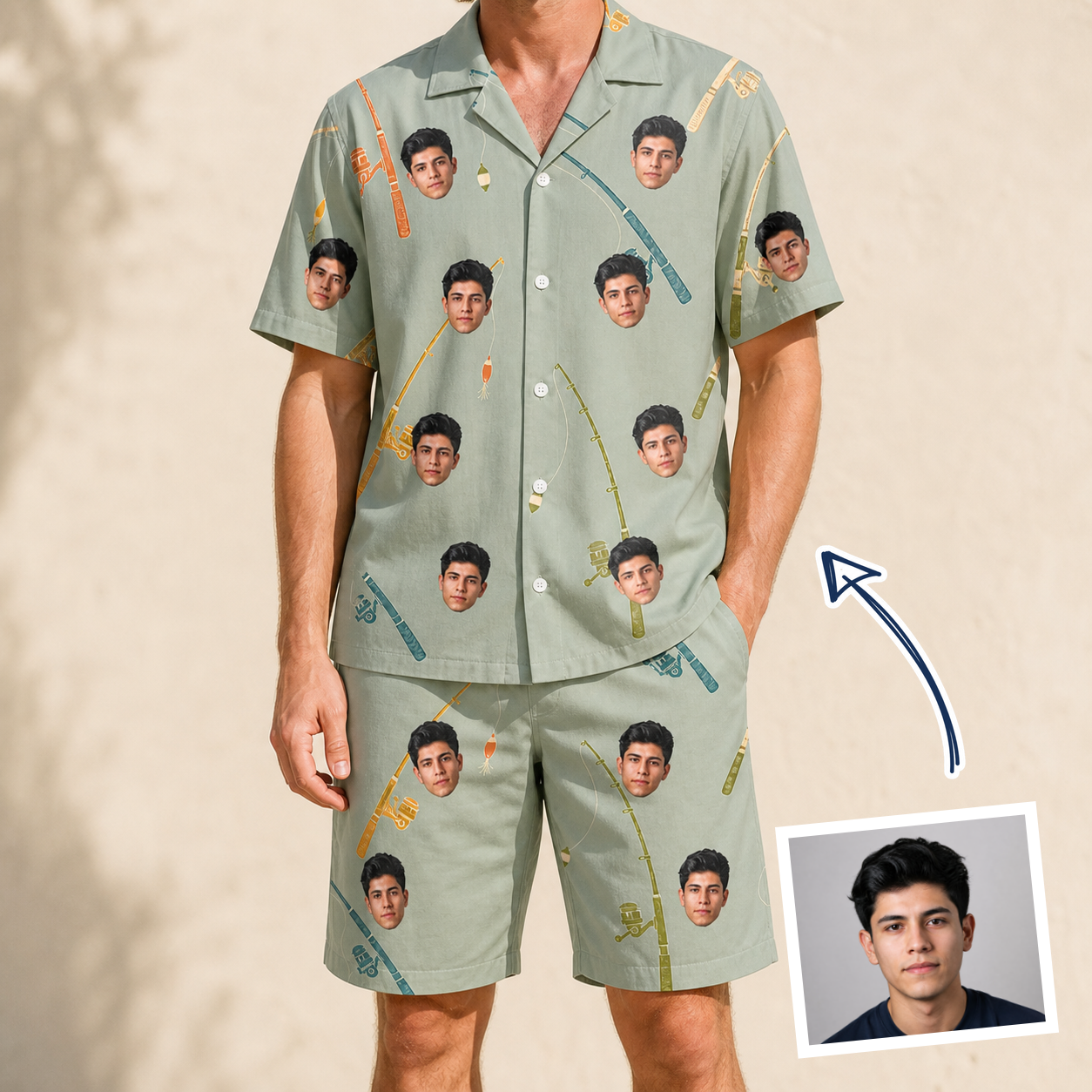Man wearing Men's Pole Position Custom Face Shirt & Shorts Set — custom faces printed all-over