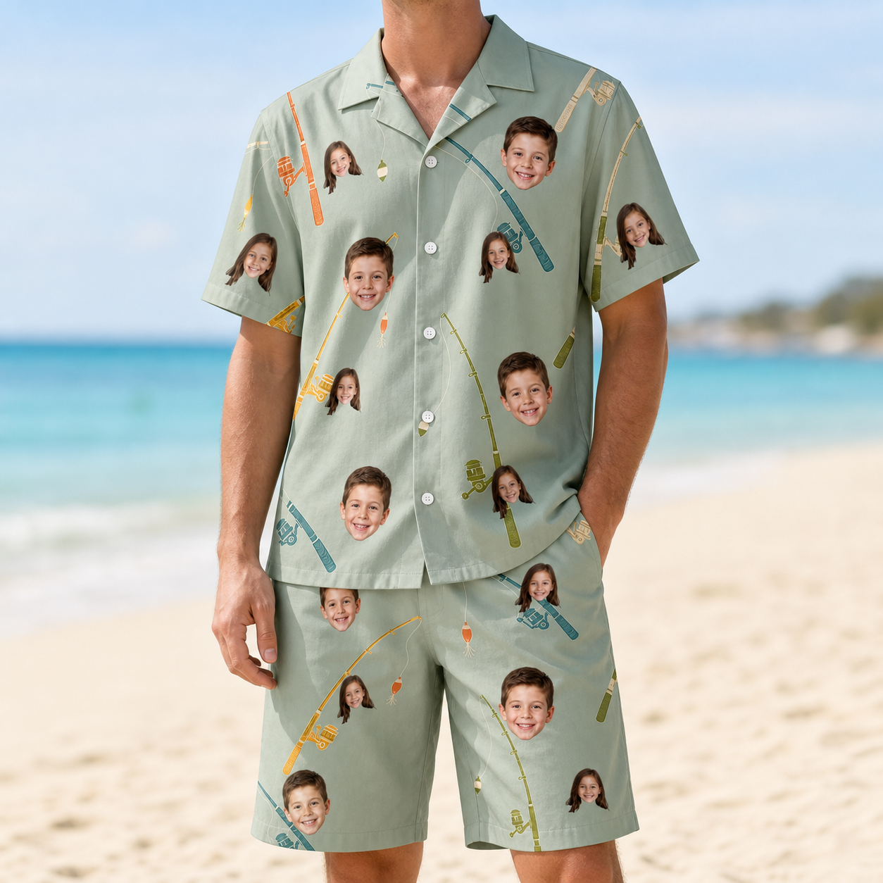 Model wearing Men's Pole Position Custom Face Shirt & Shorts Set printed with kids' faces