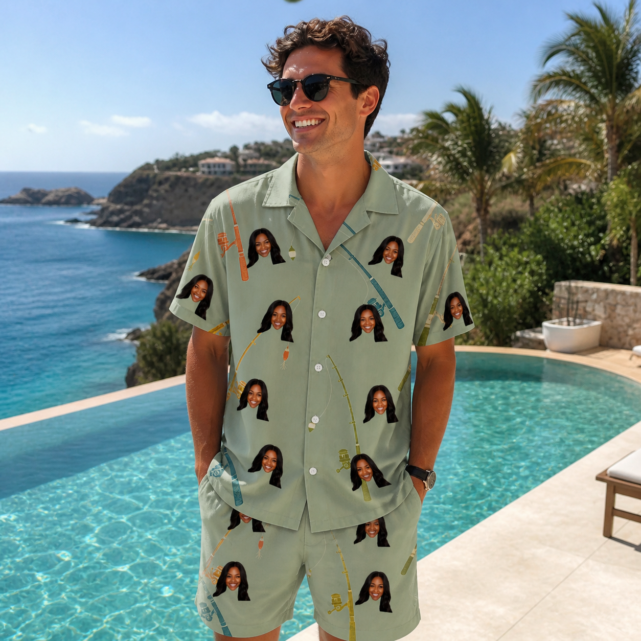 Real-life photo of someone wearing Men's Pole Position Custom Face Shirt & Shorts Set — custom faces printed all-over