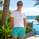 Real-life photo of someone wearing Men's Barbed Banter Custom Face Beach Shorts — custom faces printed all-over