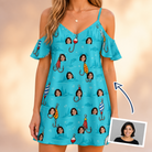 Woman wearing Women's Barbed Banter Custom Face Off-Shoulder Dress — custom faces printed all-over