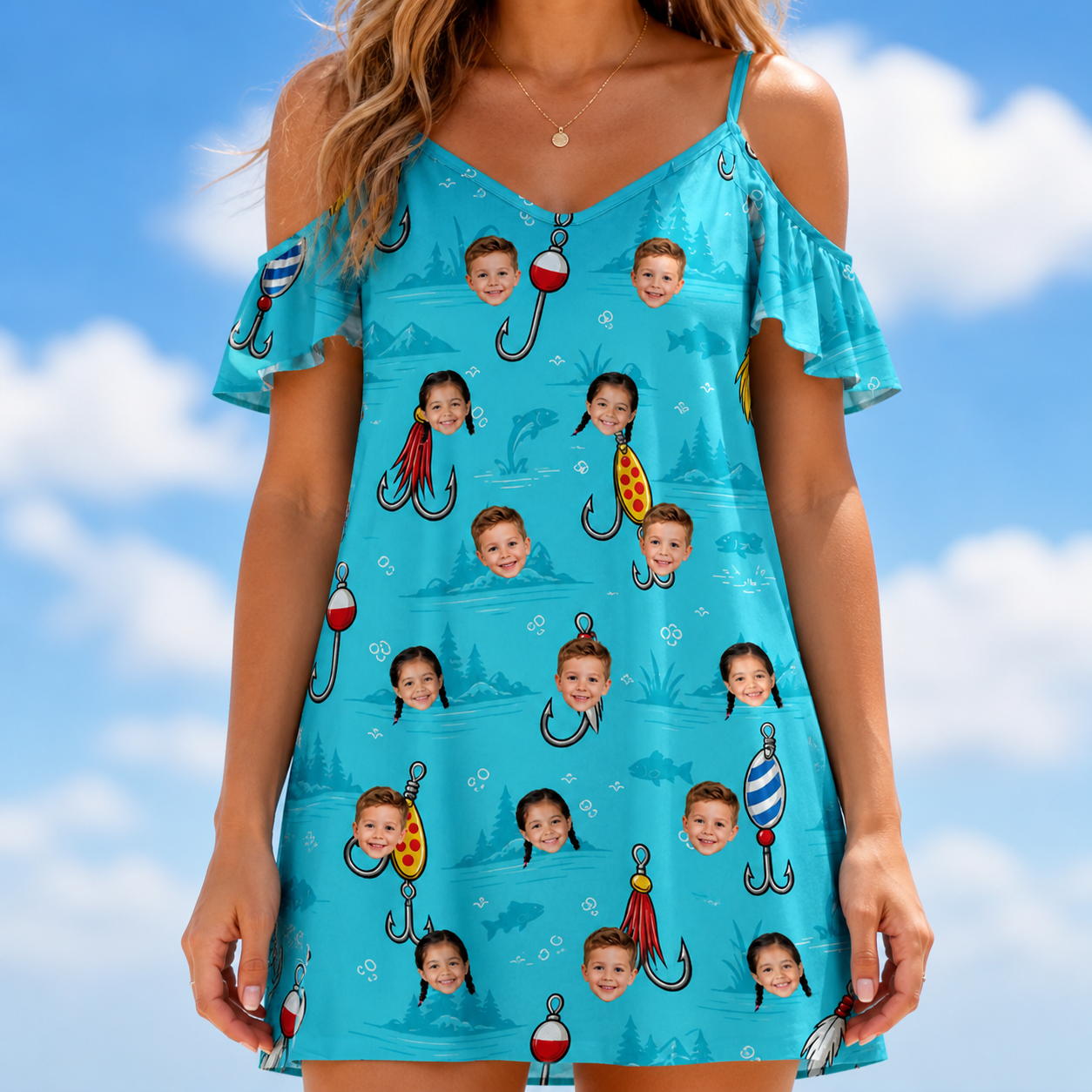 Model wearing Women's Barbed Banter Custom Face Off-Shoulder Dress printed with kids' faces