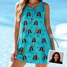 Woman wearing Women's Barbed Banter Custom Face Tank Dress — custom faces printed all-over