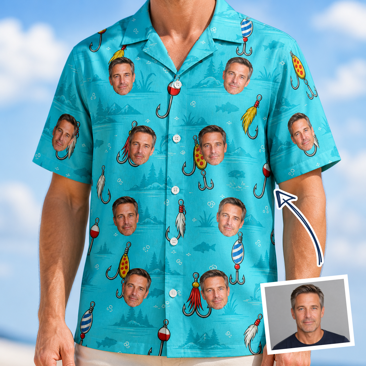 Man wearing Men's Barbed Banter Custom Face Hawaiian Shirt — custom faces printed all-over
