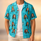 Man wearing Men's Barbed Banter Custom Face Hawaiian Shirt open over a white tee