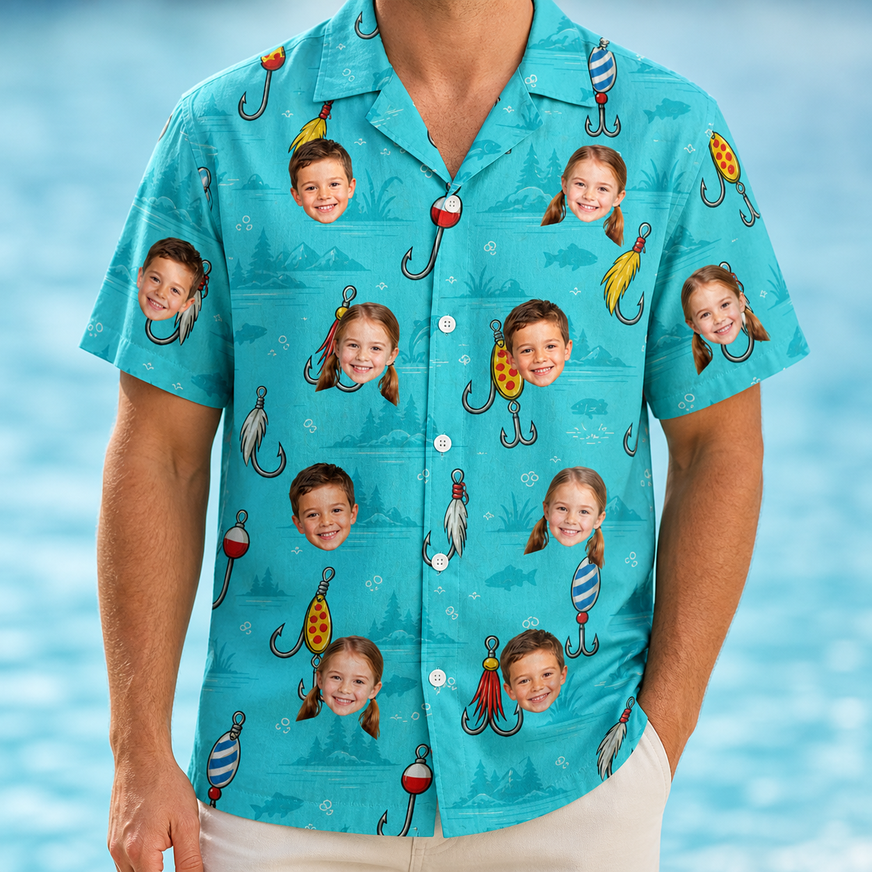 Model wearing Men's Barbed Banter Custom Face Hawaiian Shirt printed with kids' faces