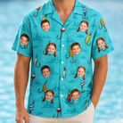 Model wearing Men's Barbed Banter Custom Face Hawaiian Shirt printed with kids' faces