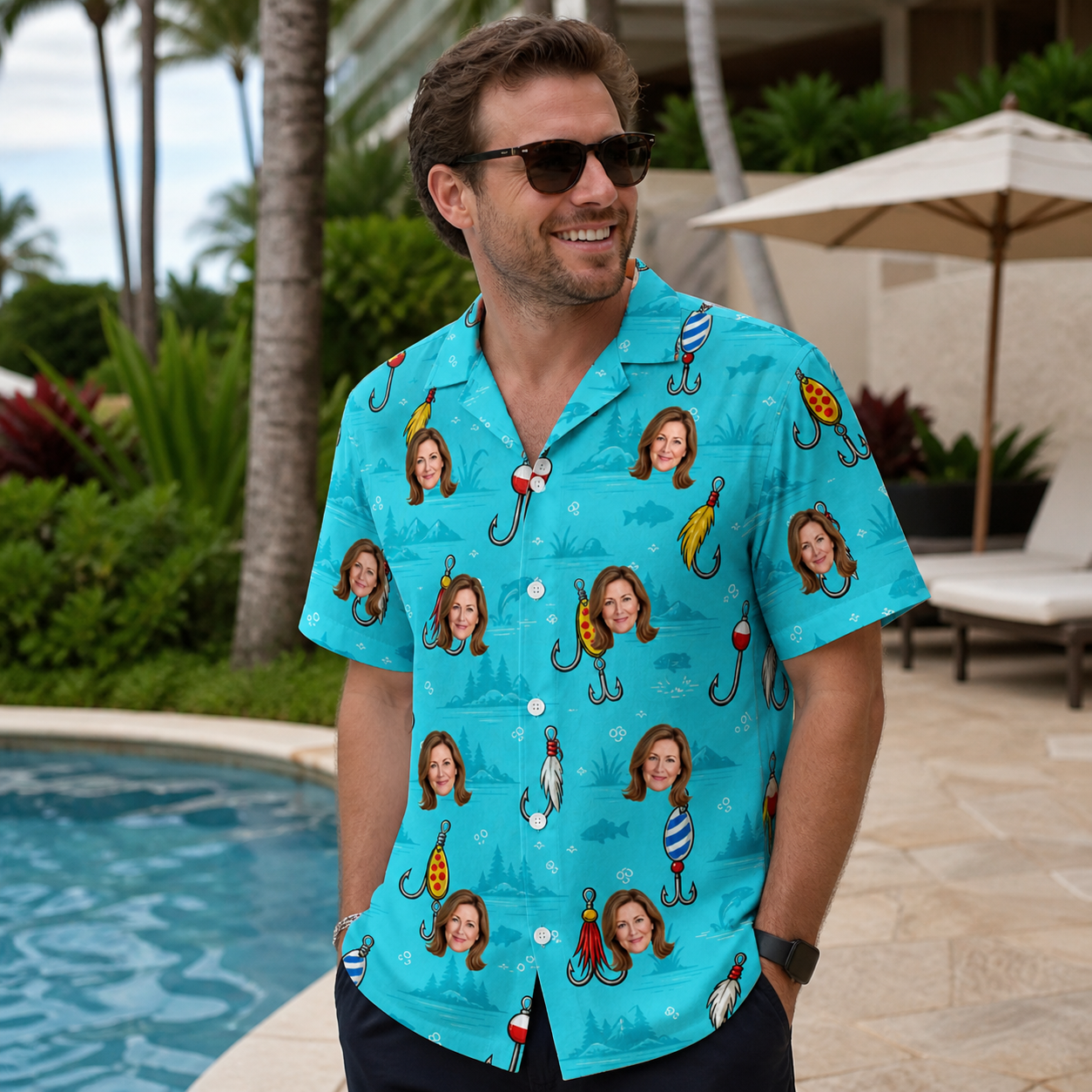 Real-life photo of someone wearing Men's Barbed Banter Custom Face Hawaiian Shirt — custom faces printed all-over