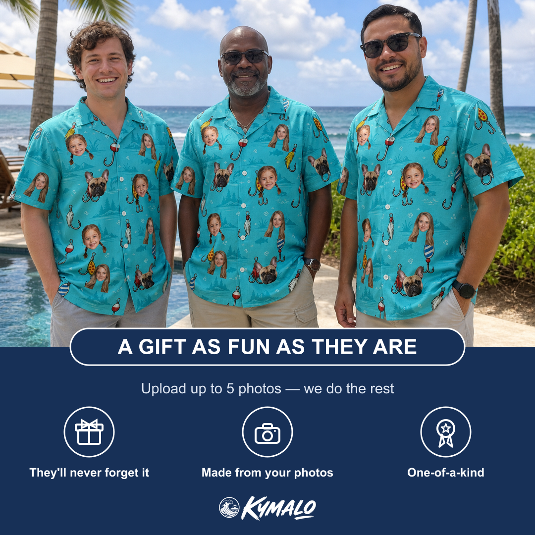 Friends in matching Men's Barbed Banter Custom Face Hawaiian Shirt — a group gift photo