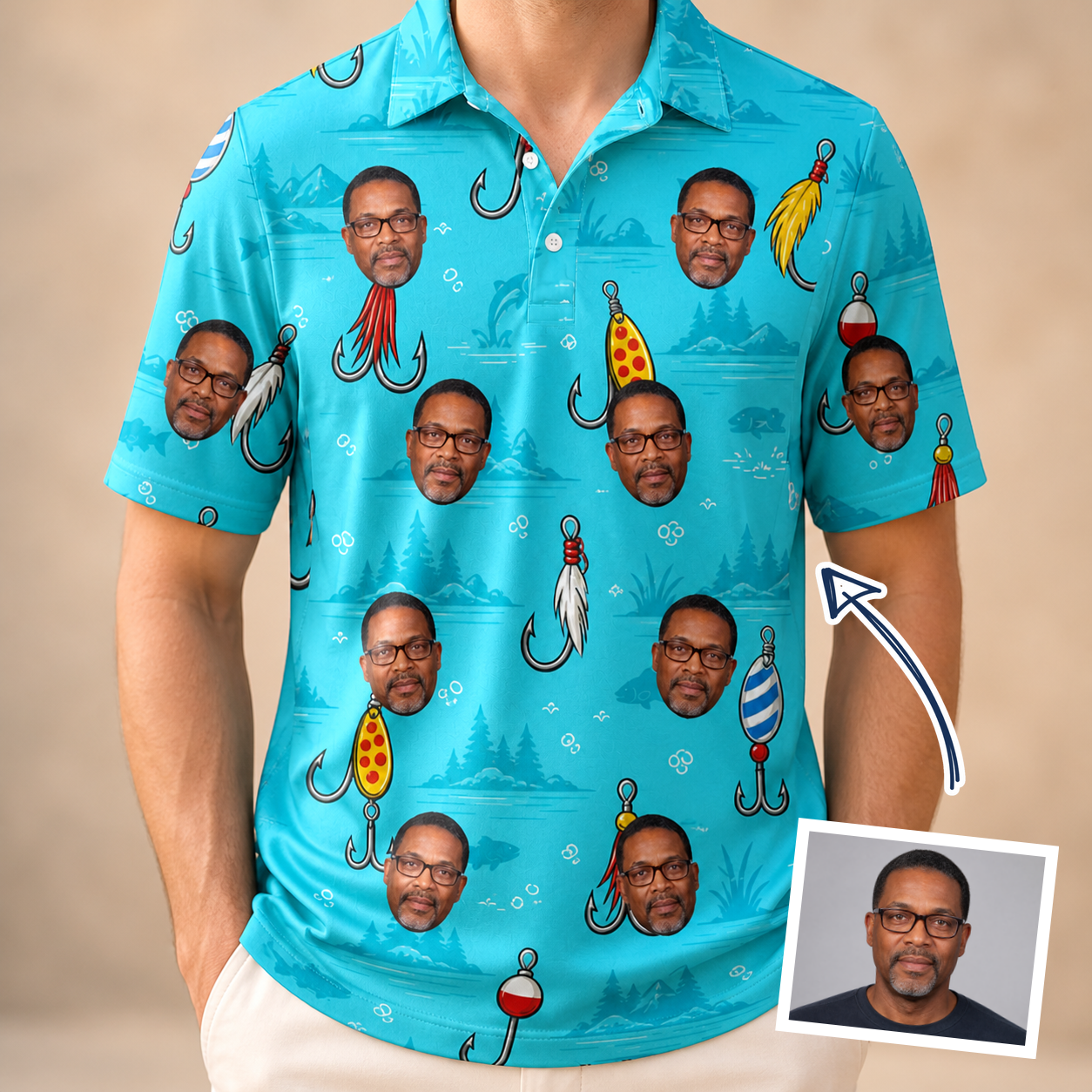 Man wearing Men's Barbed Banter Custom Face Polo Shirt — custom faces printed all-over