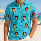 Model wearing Men's Barbed Banter Custom Face Polo Shirt printed with kids' faces