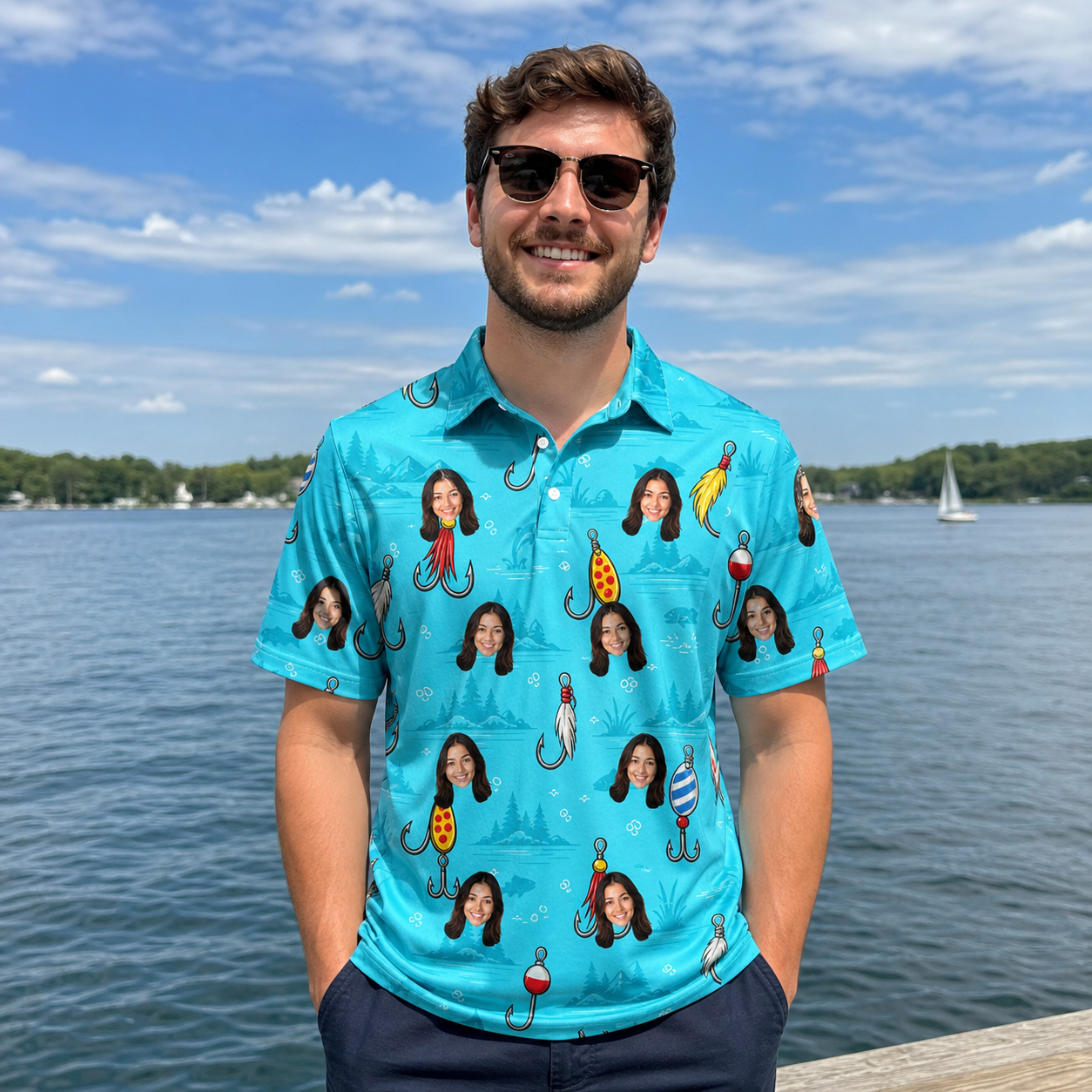 Real-life photo of someone wearing Men's Barbed Banter Custom Face Polo Shirt — custom faces printed all-over