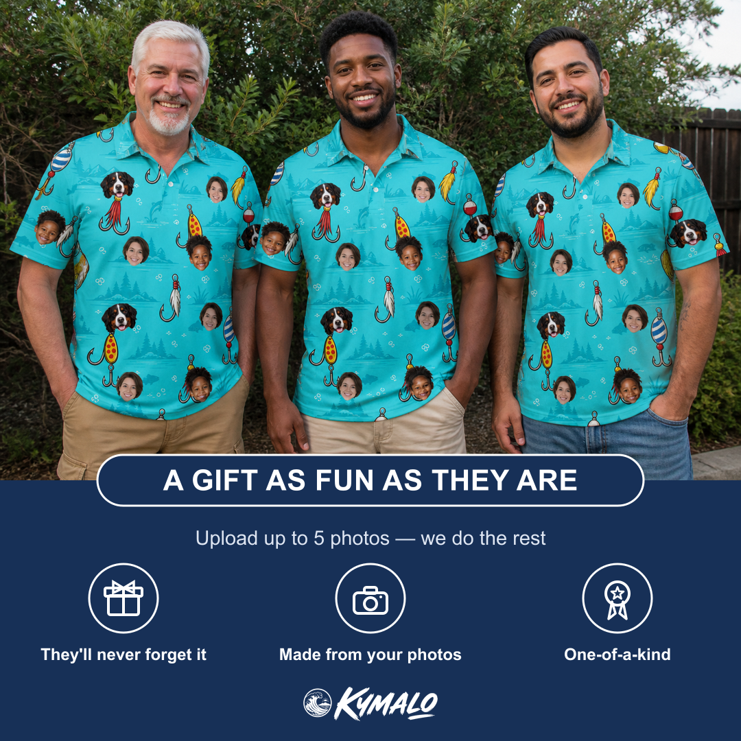 Friends in matching Men's Barbed Banter Custom Face Polo Shirt — a group gift photo