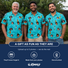 Friends in matching Men's Barbed Banter Custom Face Polo Shirt — a group gift photo