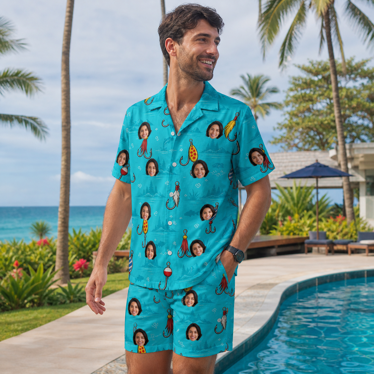 Real-life photo of someone wearing Men's Barbed Banter Custom Face Shirt & Shorts Set — custom faces printed all-over