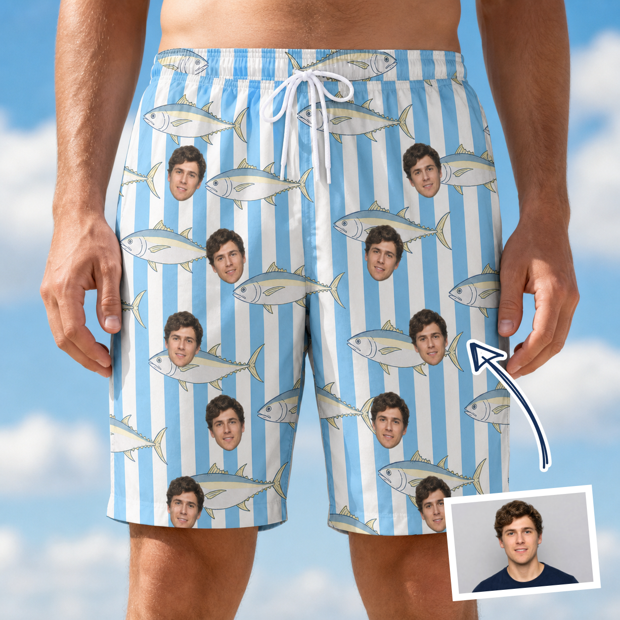 Man wearing Men's Tuna Tactics Custom Face Beach Shorts — custom faces printed all-over