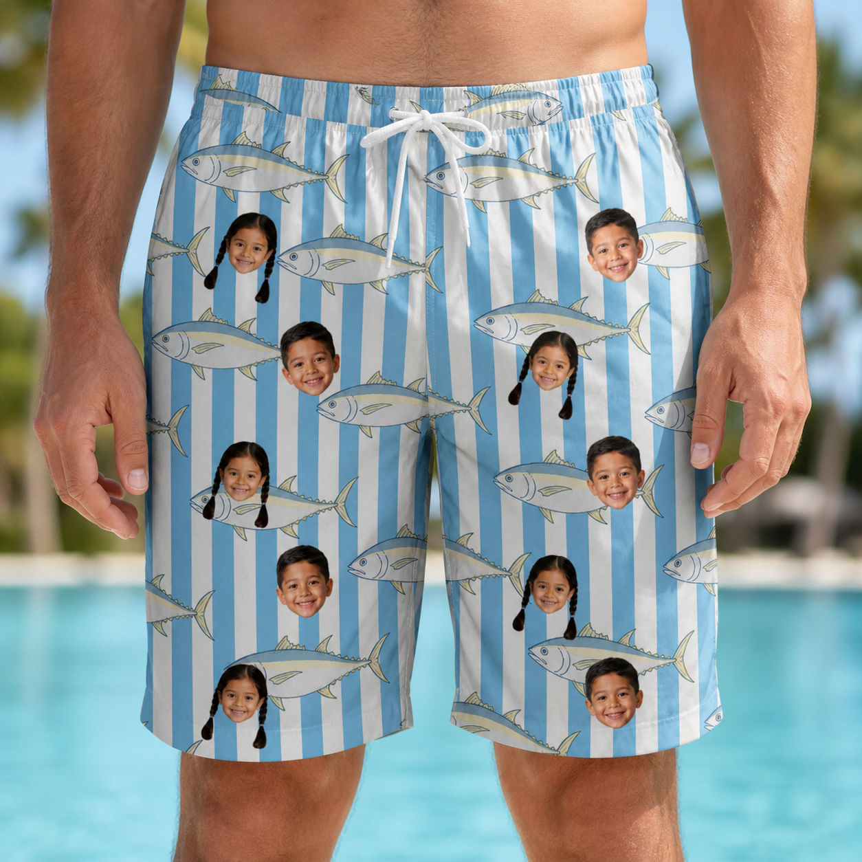 Model wearing Men's Tuna Tactics Custom Face Beach Shorts printed with kids' faces