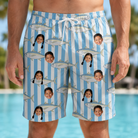 Model wearing Men's Tuna Tactics Custom Face Beach Shorts printed with kids' faces