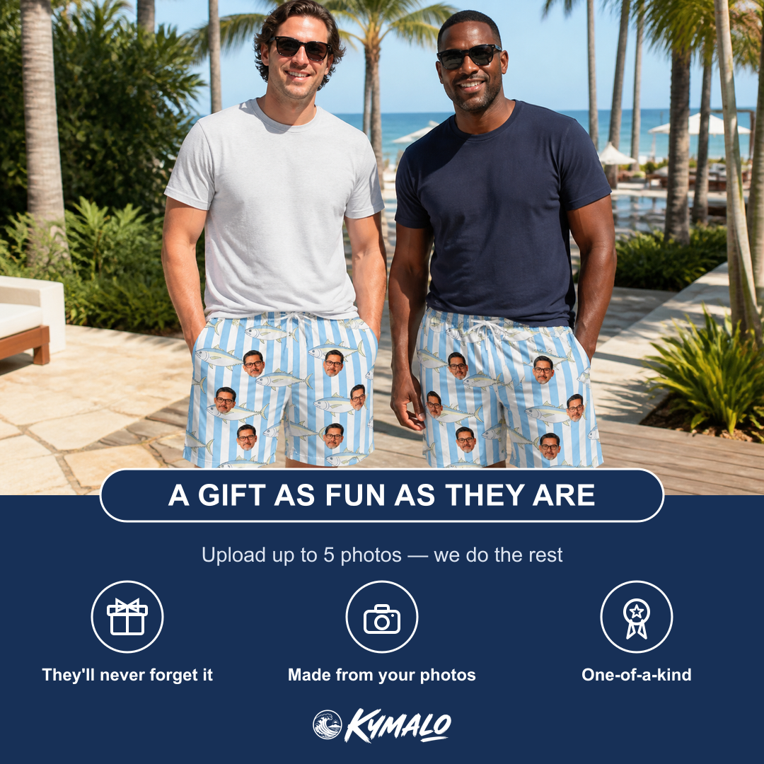 Friends in matching Men's Tuna Tactics Custom Face Beach Shorts — a group gift photo