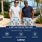 Friends in matching Men's Tuna Tactics Custom Face Beach Shorts — a group gift photo