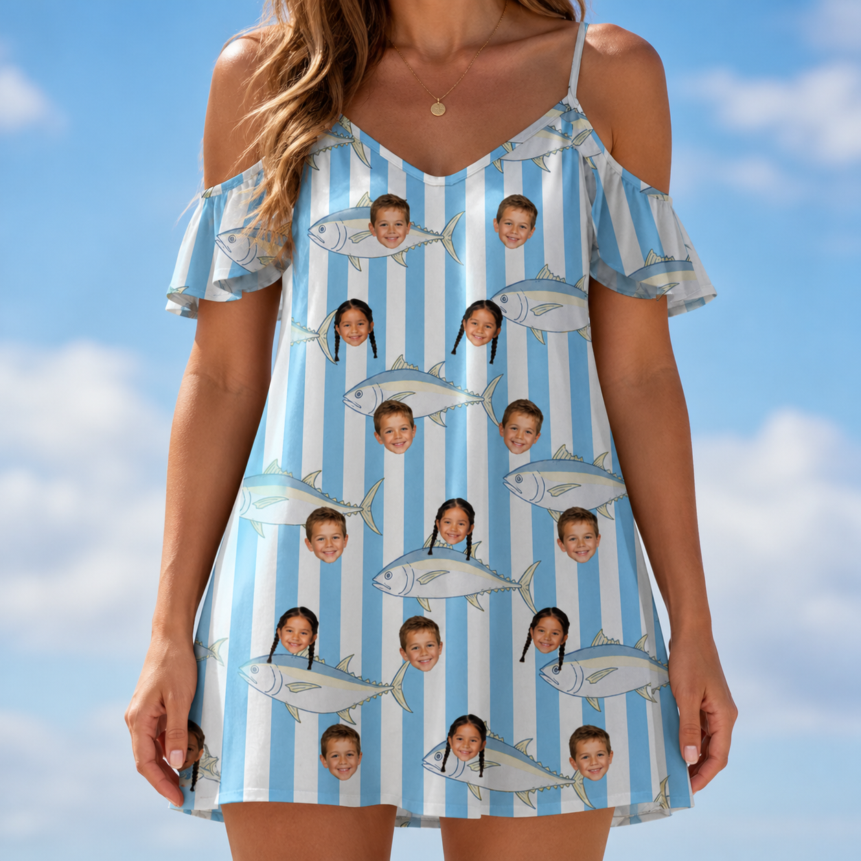 Model wearing Women's Tuna Tactics Custom Face Off-Shoulder Dress printed with kids' faces