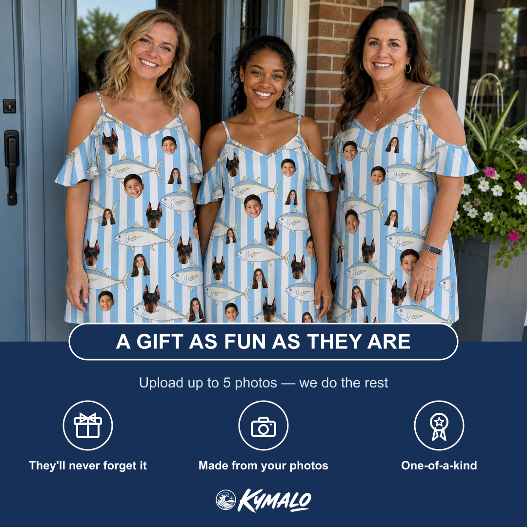 Friends in matching Women's Tuna Tactics Custom Face Off-Shoulder Dress — a group gift photo