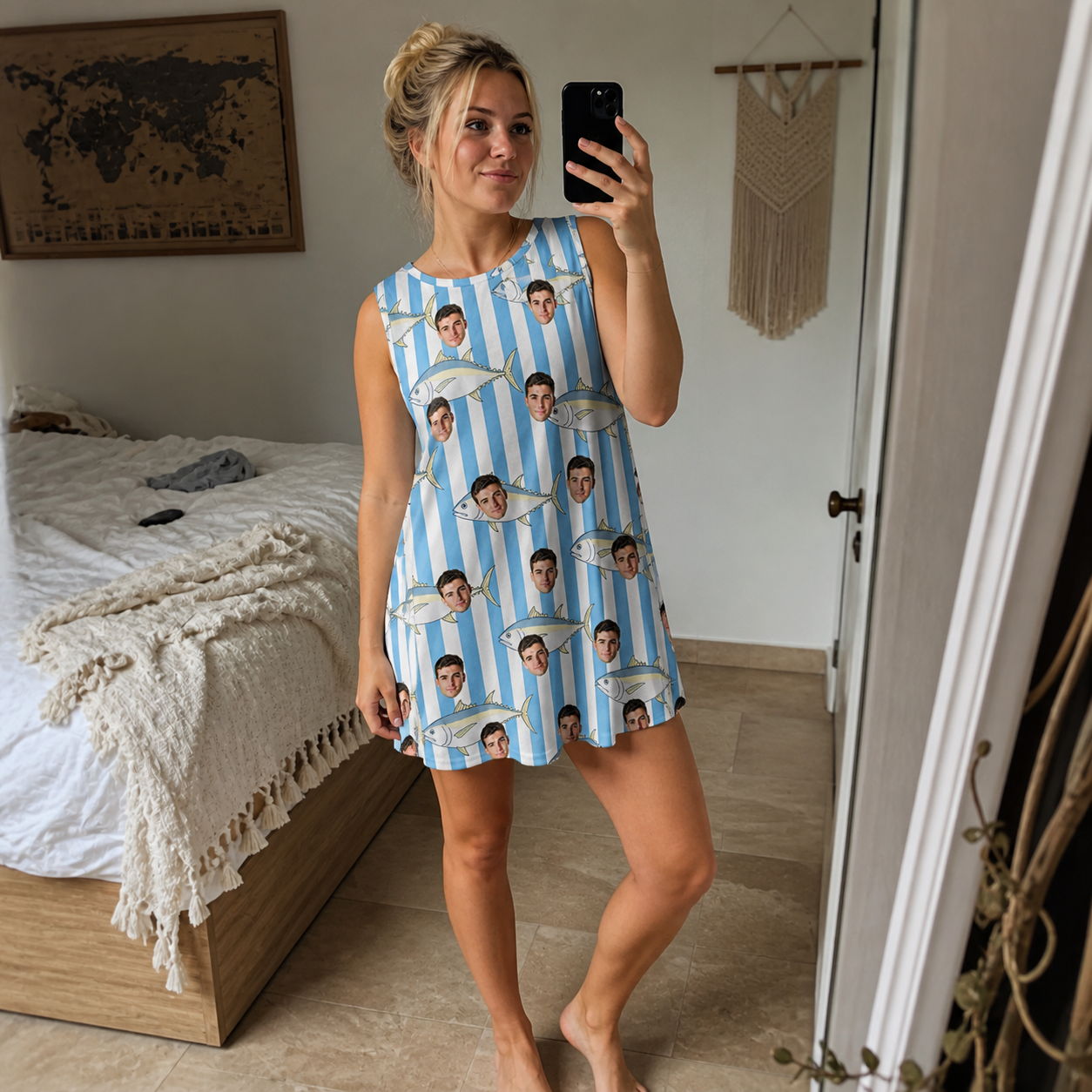 Real-life photo of someone wearing Women's Tuna Tactics Custom Face Tank Dress — custom faces printed all-over