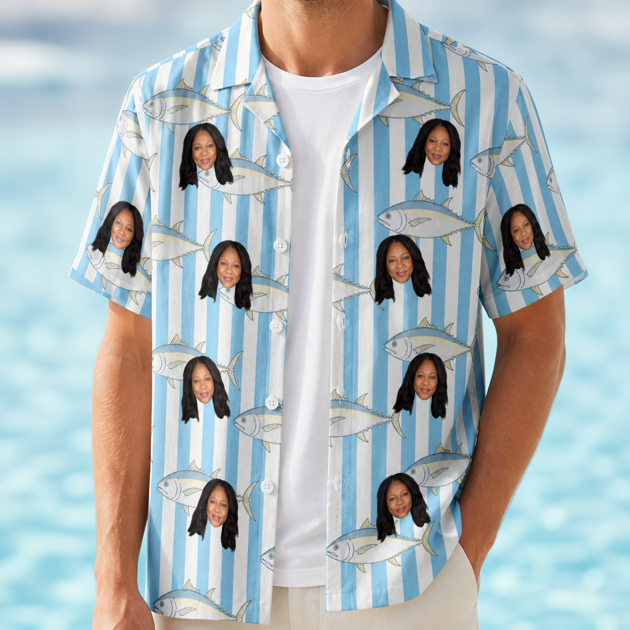 Man wearing Men's Tuna Tactics Custom Face Hawaiian Shirt open over a white tee