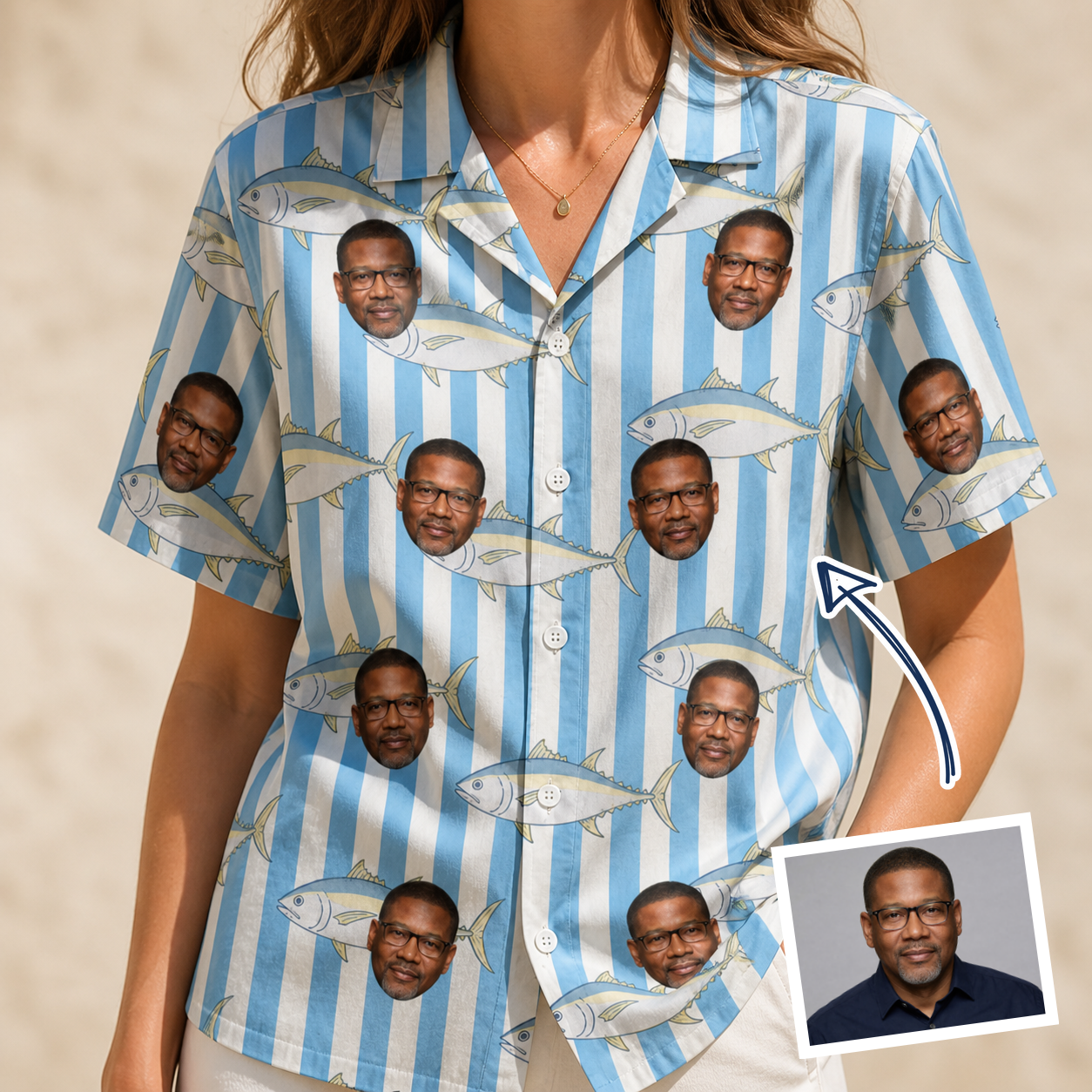 Woman wearing Women's Tuna Tactics Custom Face Hawaiian Shirt — custom faces printed all-over