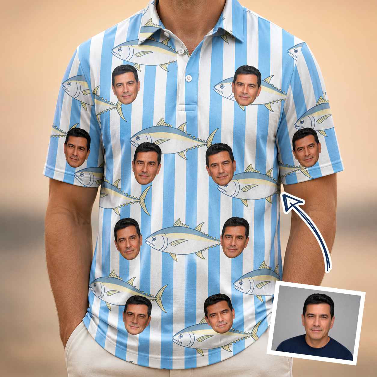 Man wearing Men's Tuna Tactics Custom Face Polo Shirt — custom faces printed all-over