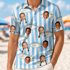Model wearing Men's Tuna Tactics Custom Face Polo Shirt printed with kids' faces