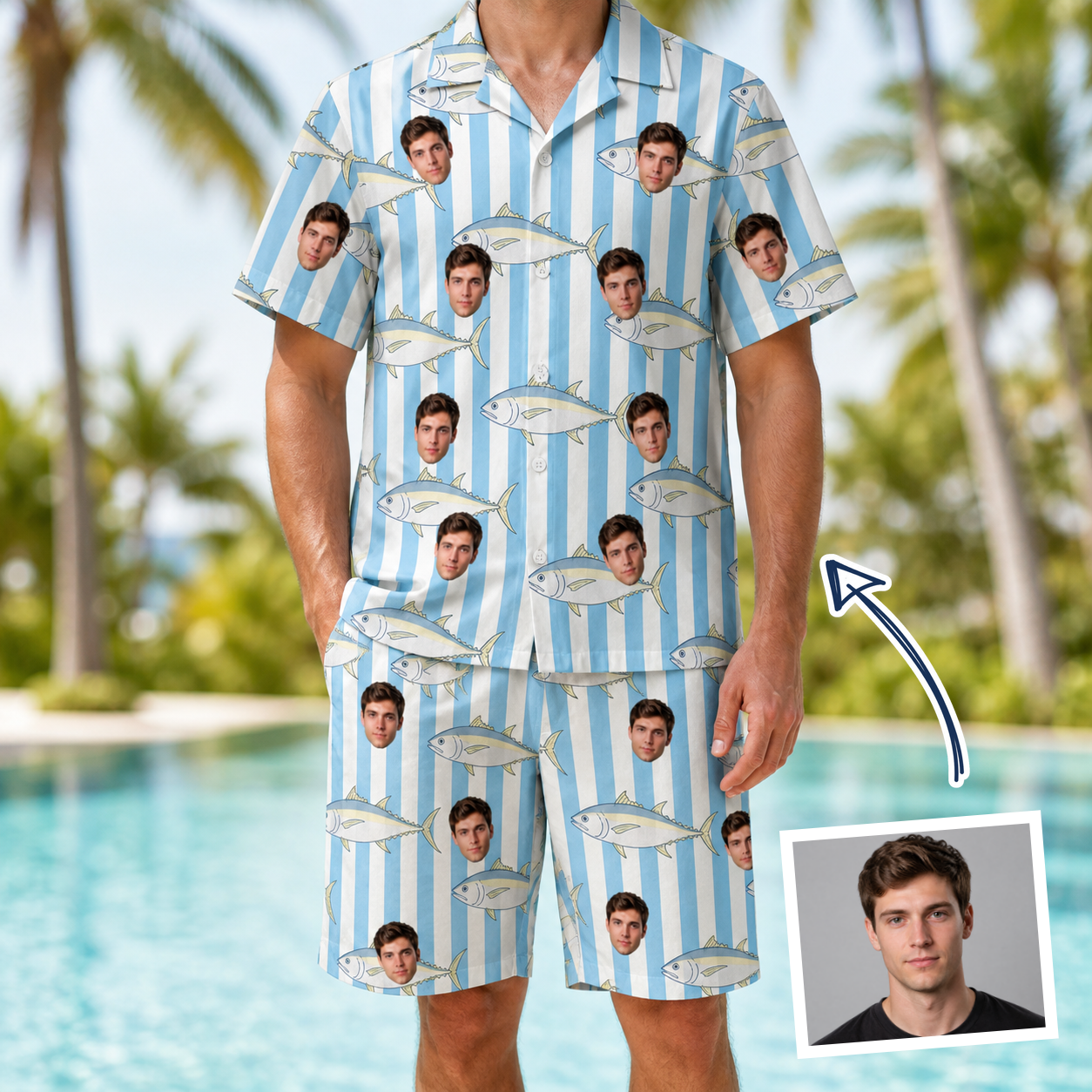 Man wearing Men's Tuna Tactics Custom Face Shirt & Shorts Set — custom faces printed all-over