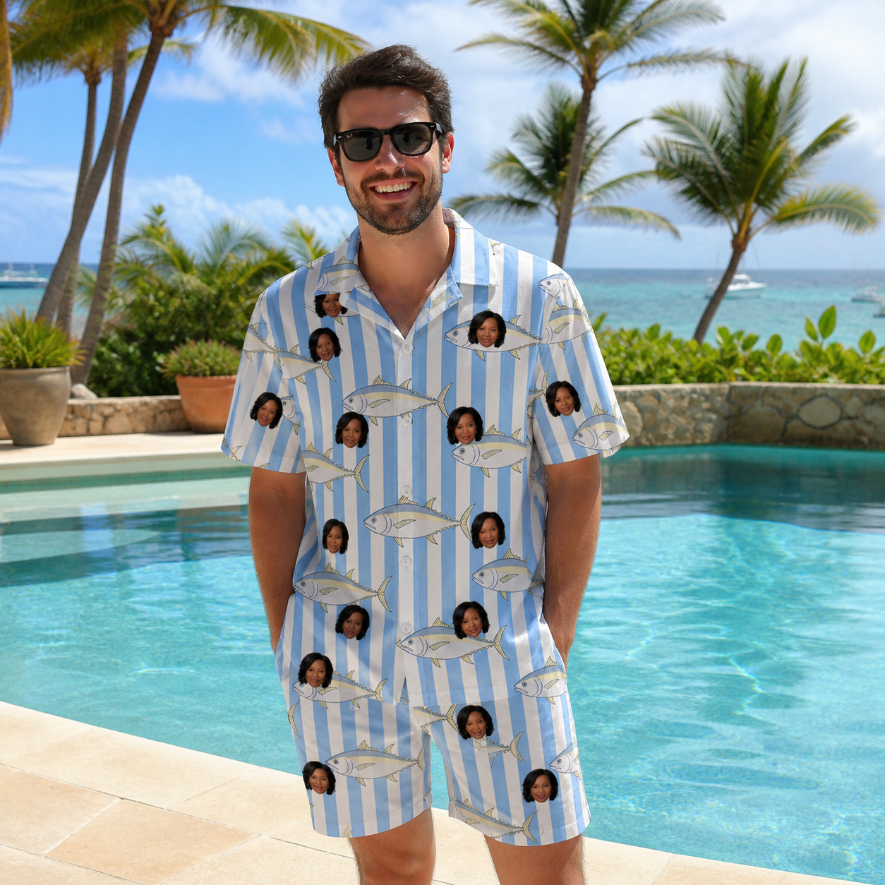 Real-life photo of someone wearing Men's Tuna Tactics Custom Face Shirt & Shorts Set — custom faces printed all-over