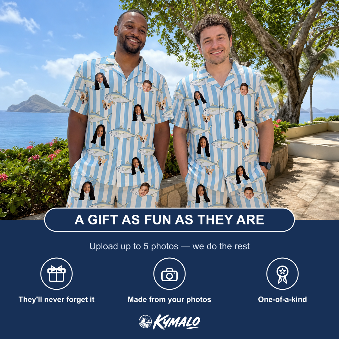 Friends in matching Men's Tuna Tactics Custom Face Shirt & Shorts Set — a group gift photo