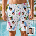 Man wearing Men's Backspin Bonanza Custom Face Beach Shorts — custom faces printed all-over