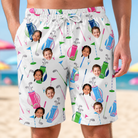 Model wearing Men's Backspin Bonanza Custom Face Beach Shorts printed with kids' faces