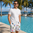 Real-life photo of someone wearing Men's Backspin Bonanza Custom Face Beach Shorts — custom faces printed all-over