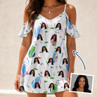Woman wearing Women's Backspin Bonanza Custom Face Off-Shoulder Dress — custom faces printed all-over