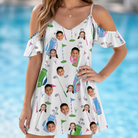Model wearing Women's Backspin Bonanza Custom Face Off-Shoulder Dress printed with kids' faces