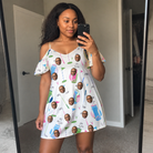 Real-life photo of someone wearing Women's Backspin Bonanza Custom Face Off-Shoulder Dress — custom faces printed all-over